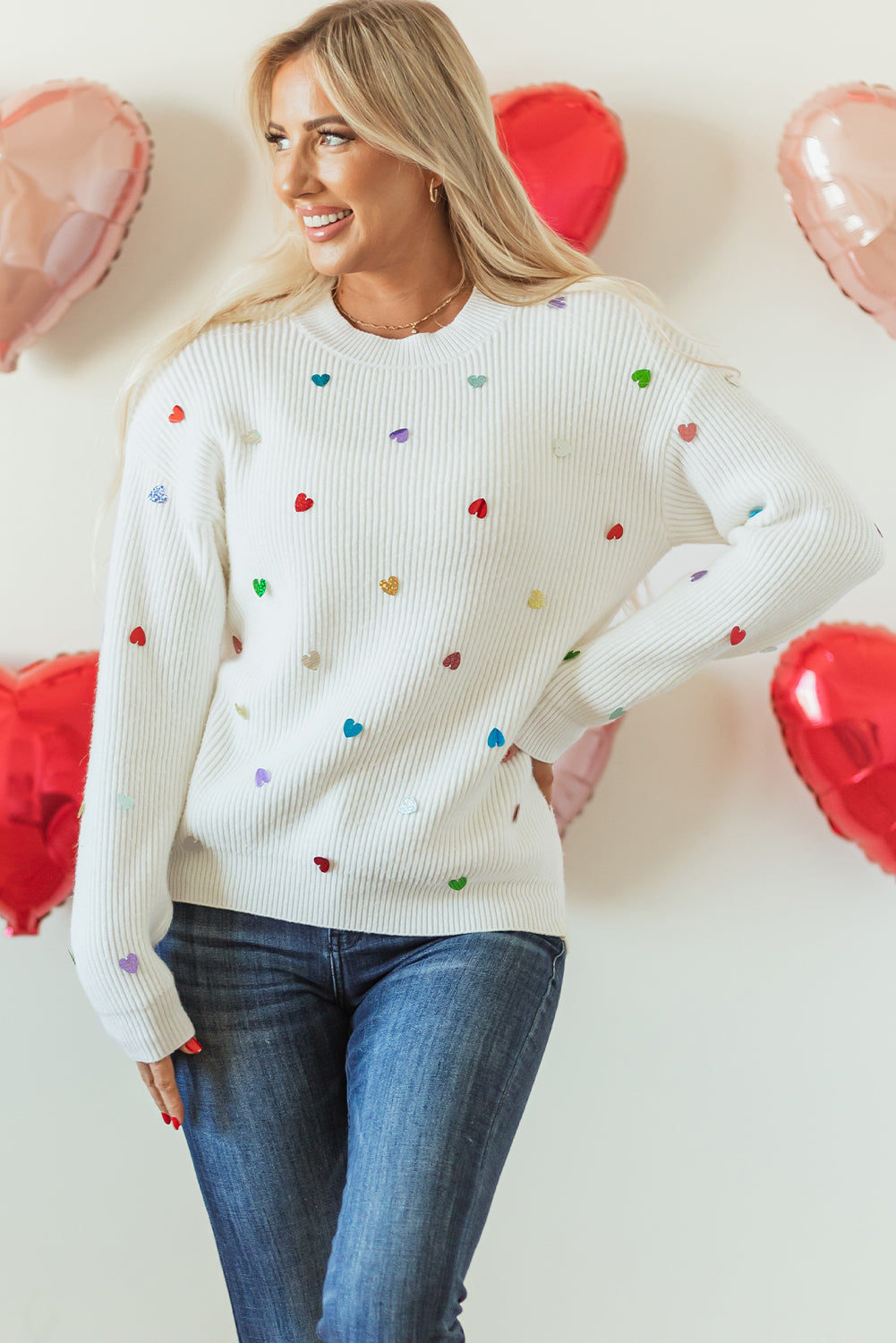 Heart Sequin Round Neck Long Sleeve Sweater-Angel Casuals