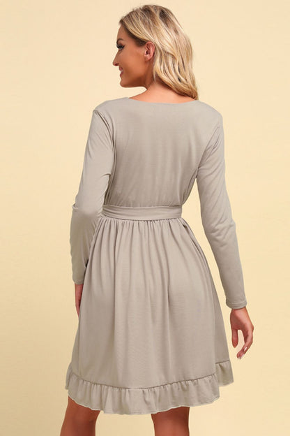 Long Sleeve Tie Waist Ruffle Hem Dress-Angel Casuals