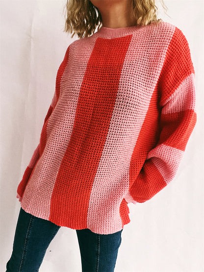 Color Block Round Neck Long Sleeve Sweater-Angel Casuals