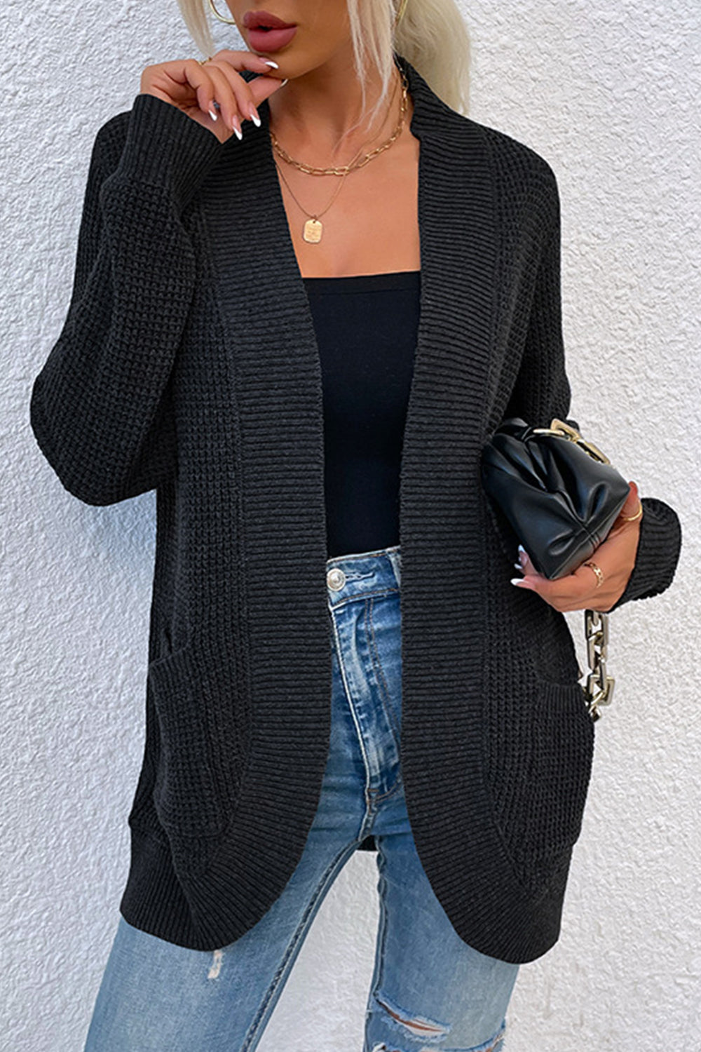 Open Front Rib-Knit Cardigan with Pockets-Angel Casuals