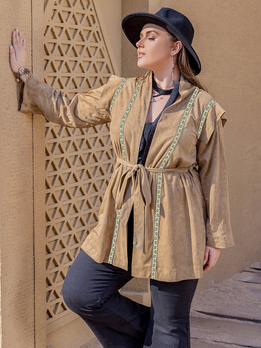 Plus Size Long Sleeve Tie Waist Cardigan-Angel Casuals