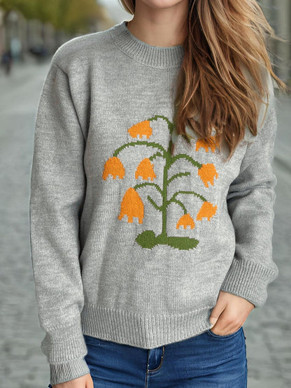 Plant Round Neck Long Sleeve Sweater-Angel Casuals