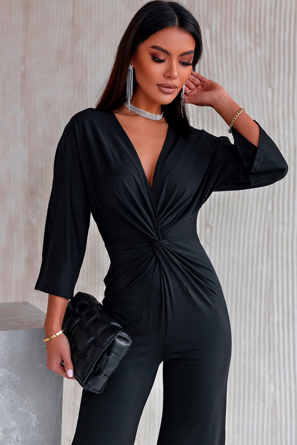 Twisted Plunge Three-Quarter Sleeve Jumpsuit-Angel Casuals