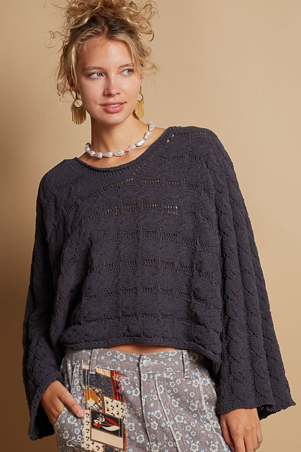 POL Round Neck Cable Knit Cropped Sweater-Angel Casuals