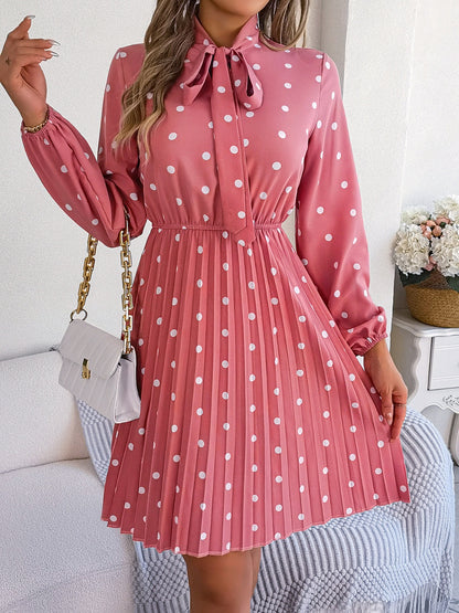 Polka Dot Tie Neck Pleated Dress-Angel Casuals