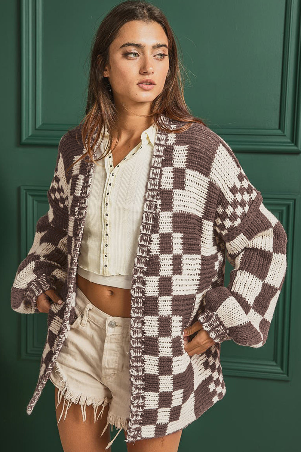 Checkered Open Front Long Sleeve Cardigan-Angel Casuals