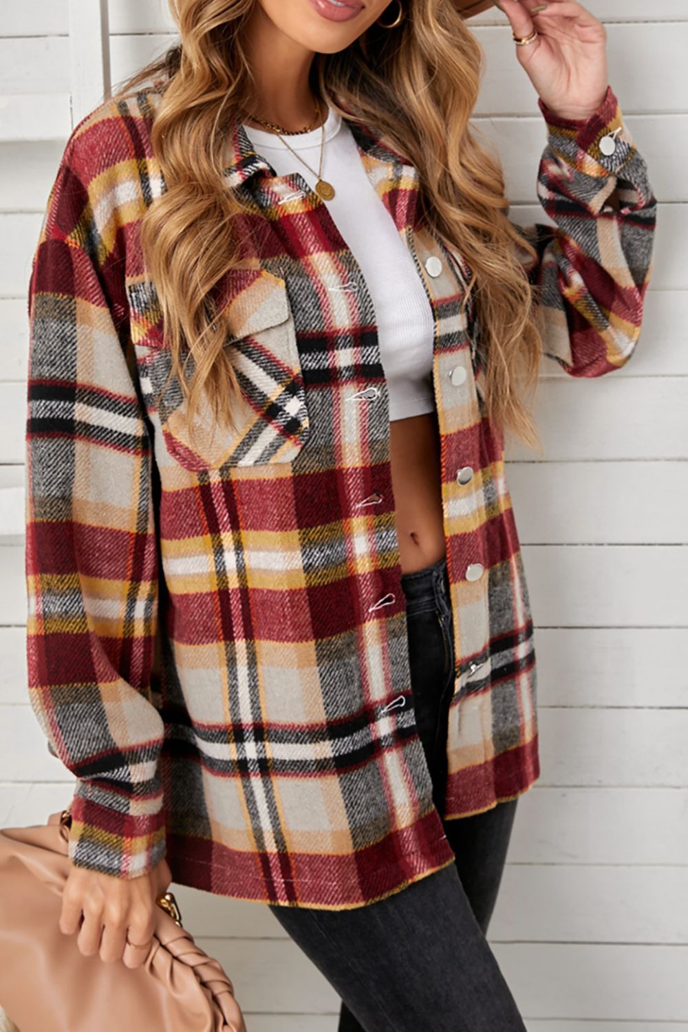 Plaid Pocketed Button Down Shacket-Angel Casuals