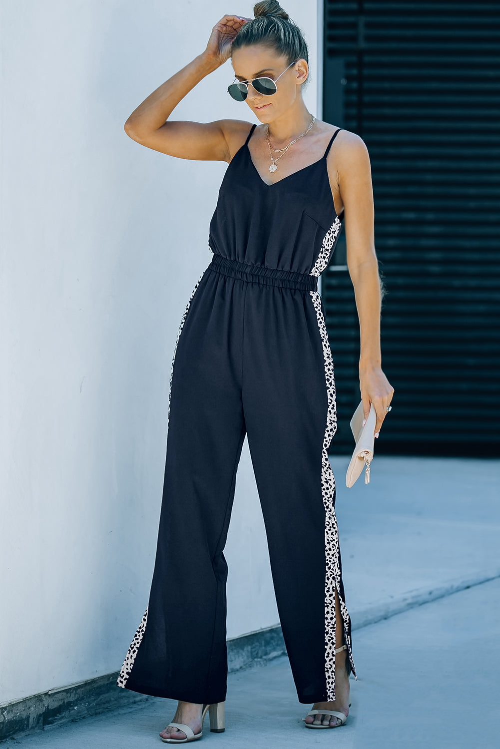 Leopard Contrast Spaghetti Strap Wide Leg Jumpsuit-Angel Casuals