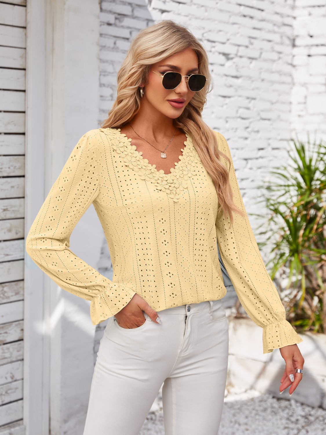 Applique V-Neck Flounce Sleeve T-Shirt-Angel Casuals