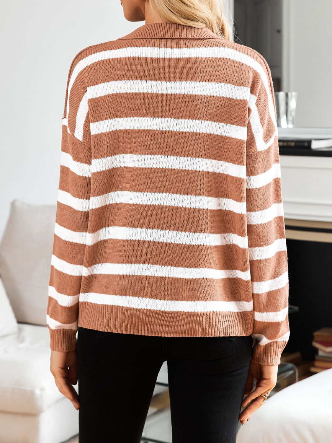 Many Striped Johnny Collar Long Sleeve Sweater-Angel Casuals