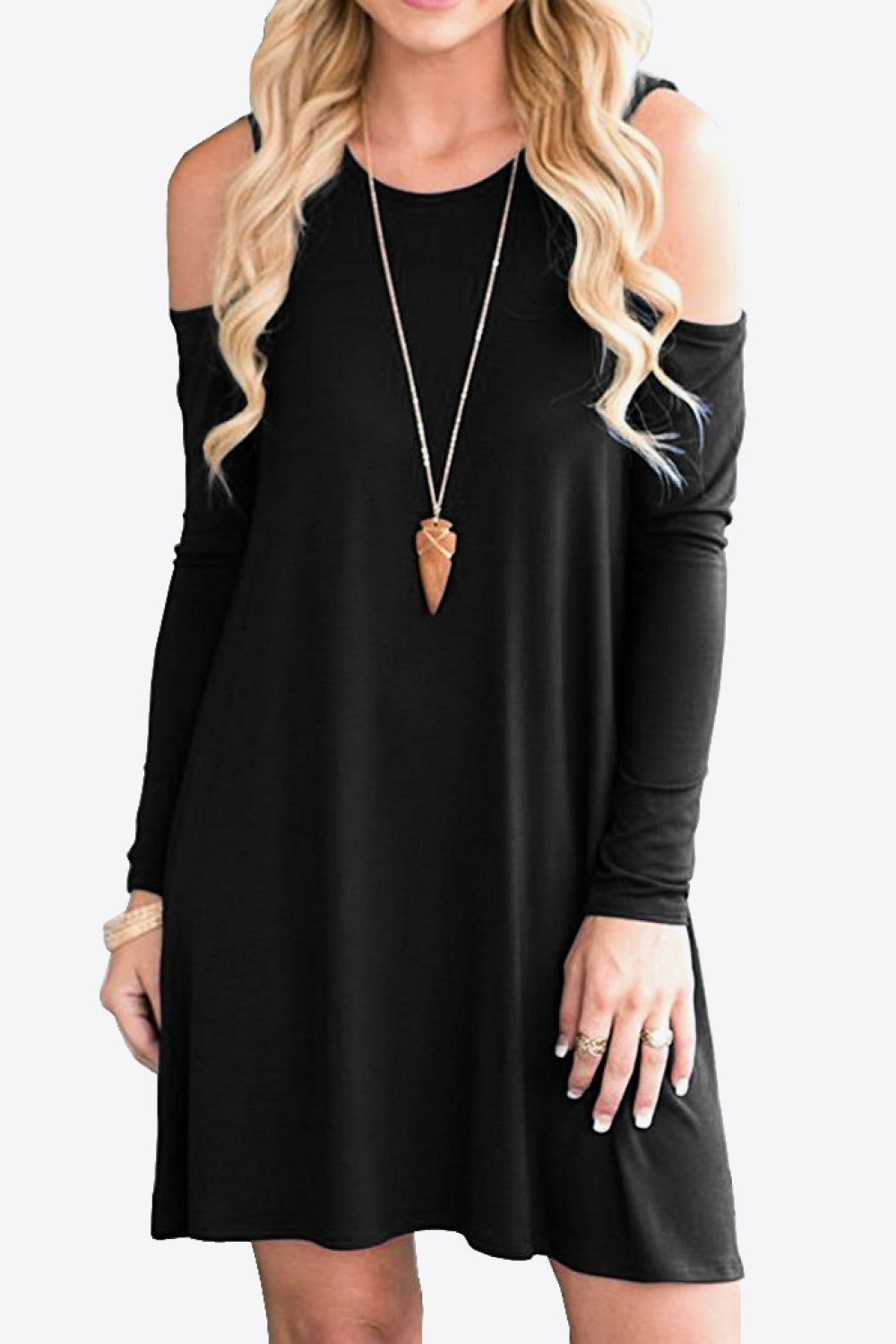 Cold-Shoulder Long Sleeve Round Neck Dress-Angel Casuals