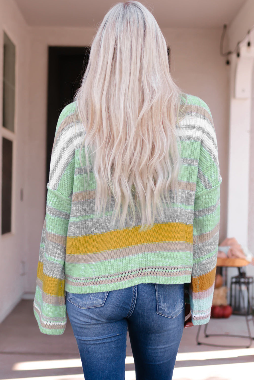 Striped Dropped Shoulder Flare Sleeve Sweater-Angel Casuals