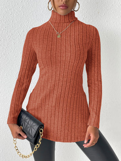 Ribbed Turtleneck Long Sleeve Slit T-Shirt-Angel Casuals