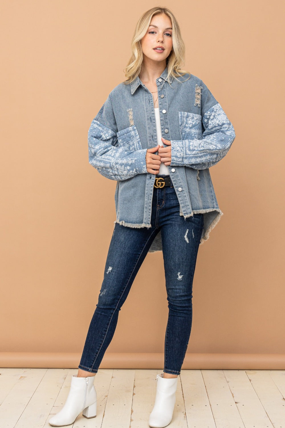 And The Why Full Size Paisley Print Quilted Sleeves Denim Jacket-Angel Casuals