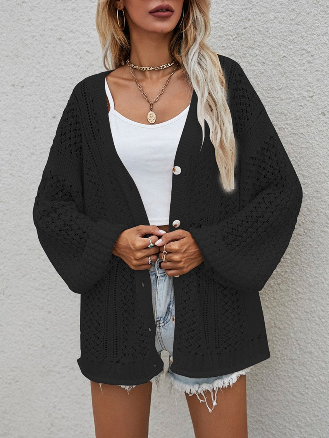 Openwork Button Front Cardigan-Angel Casuals