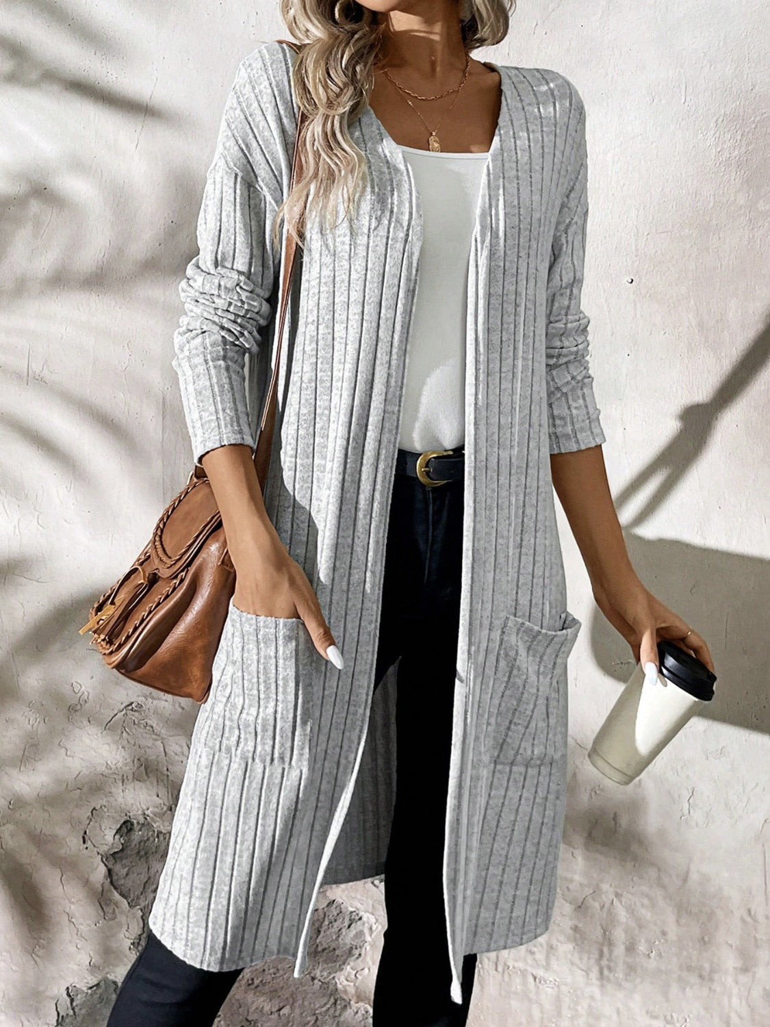 Ribbed Open Front Long Sleeve Cardigan with Pockets-Angel Casuals