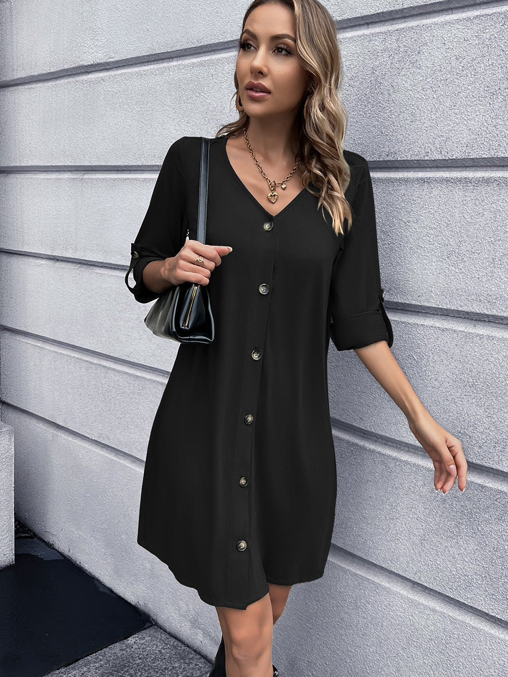 Button Down V-Neck Mini Dress-Angel Casuals