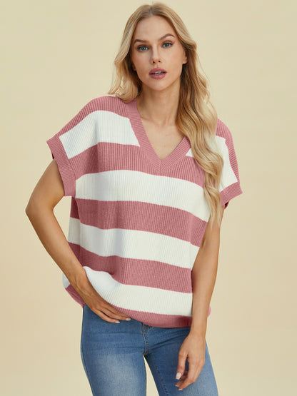 Double Take Full Size Striped V-Neck Short Sleeve Sweater-Angel Casuals