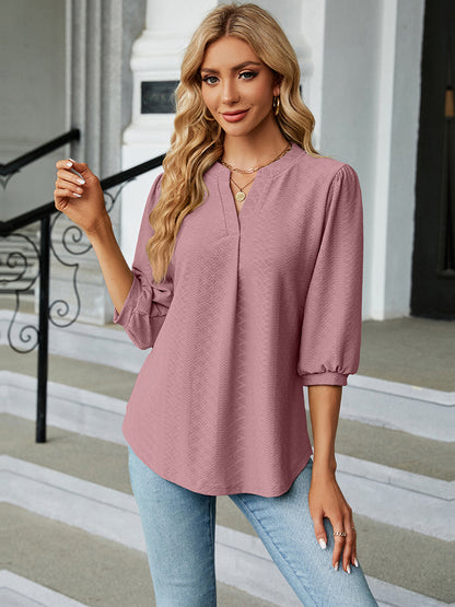 Notched Neck Three-Quarter Sleeve Blouse-Angel Casuals