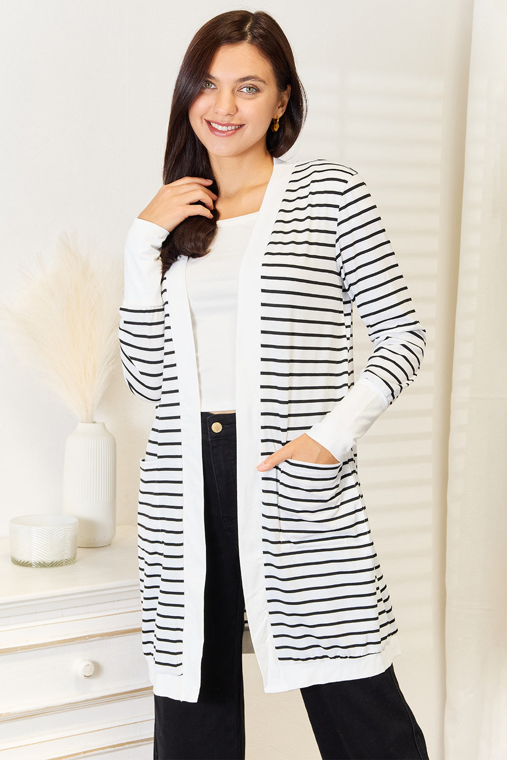 Double Take Striped Open Front Longline Cardigan-Angel Casuals