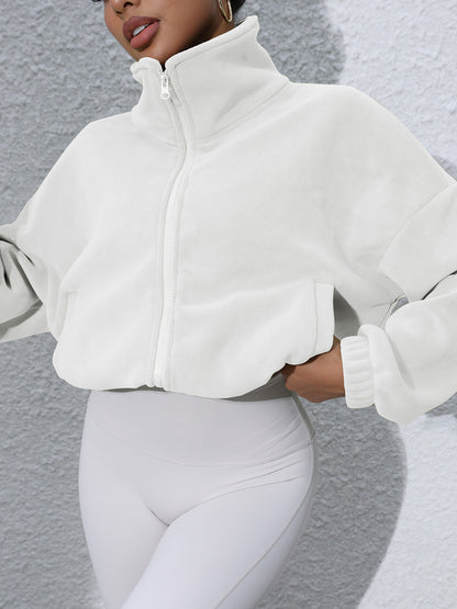 Drawstring Turtleneck Zip Up Long Sleeve Jacket-Angel Casuals