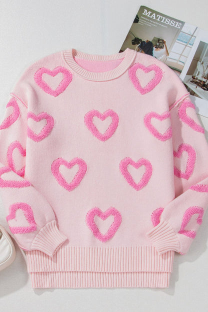 High-Low Heart Round Neck Long Sleeve Sweater-Angel Casuals