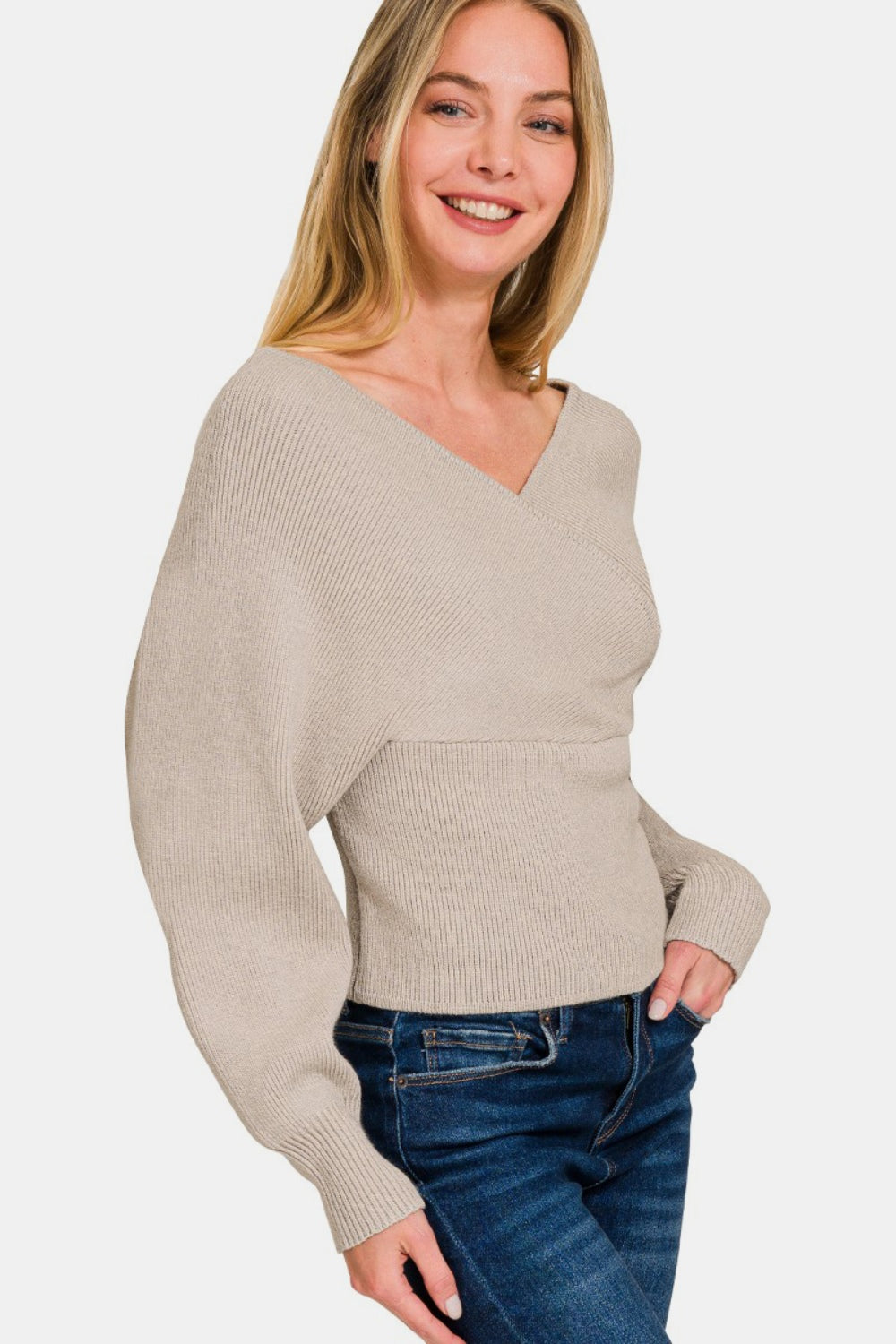 Zenana Cross Wrap Rib Long Sleeve Sweater-Angel Casuals