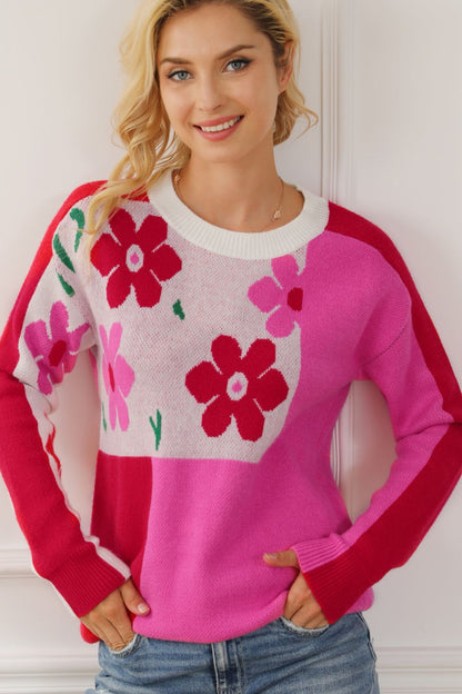 Flower Color Block Round Neck Sweater-Angel Casuals