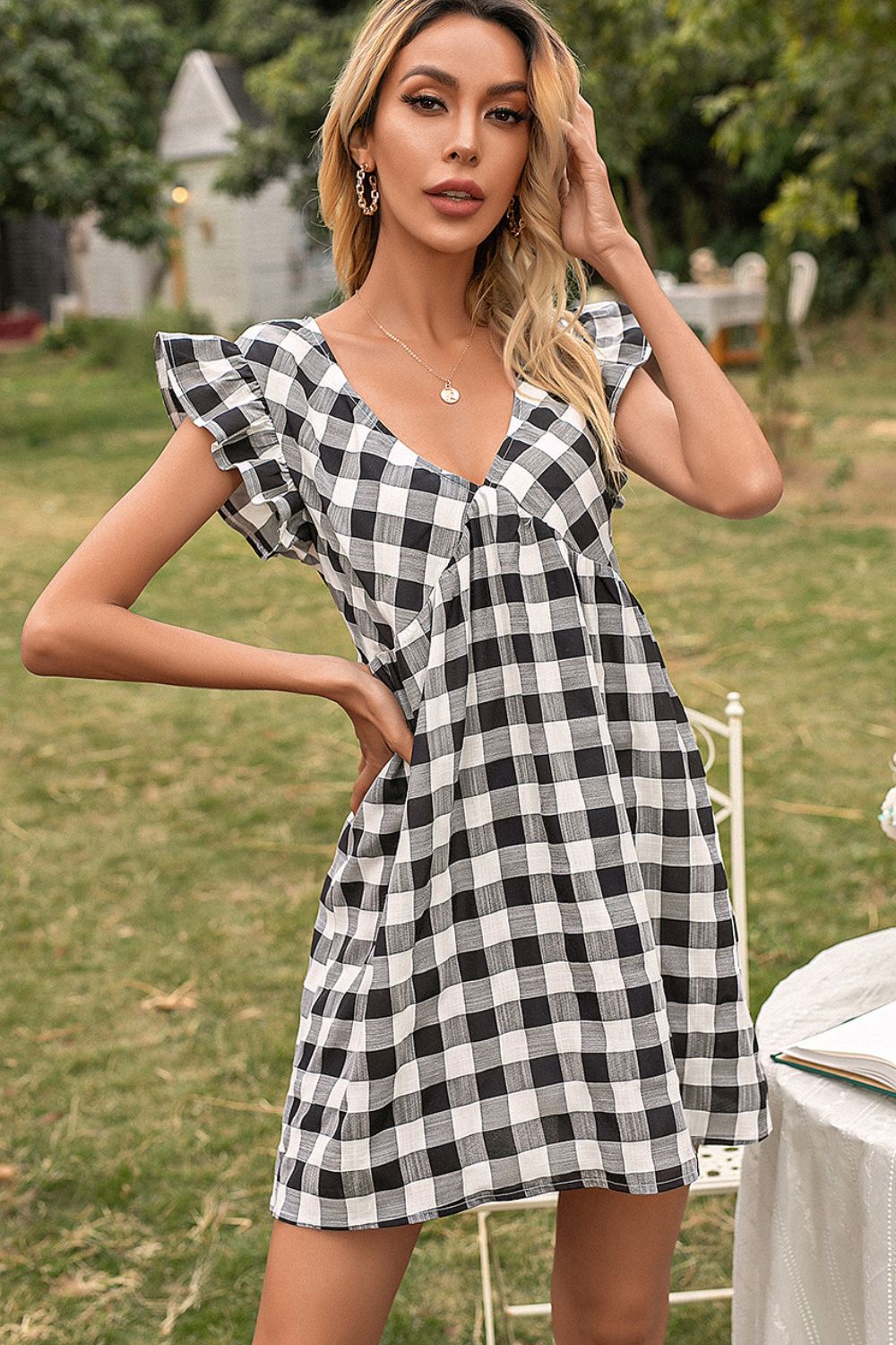 Plaid Butterfly Sleeve Deep V Dress-Angel Casuals