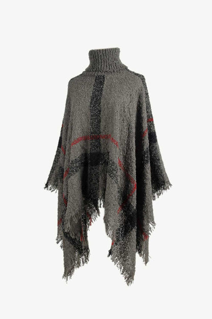 Plaid Turtleneck Raw Hem Poncho-Angel Casuals