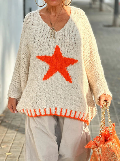 Star V-Neck Long Sleeve Oversize Sweater-Angel Casuals