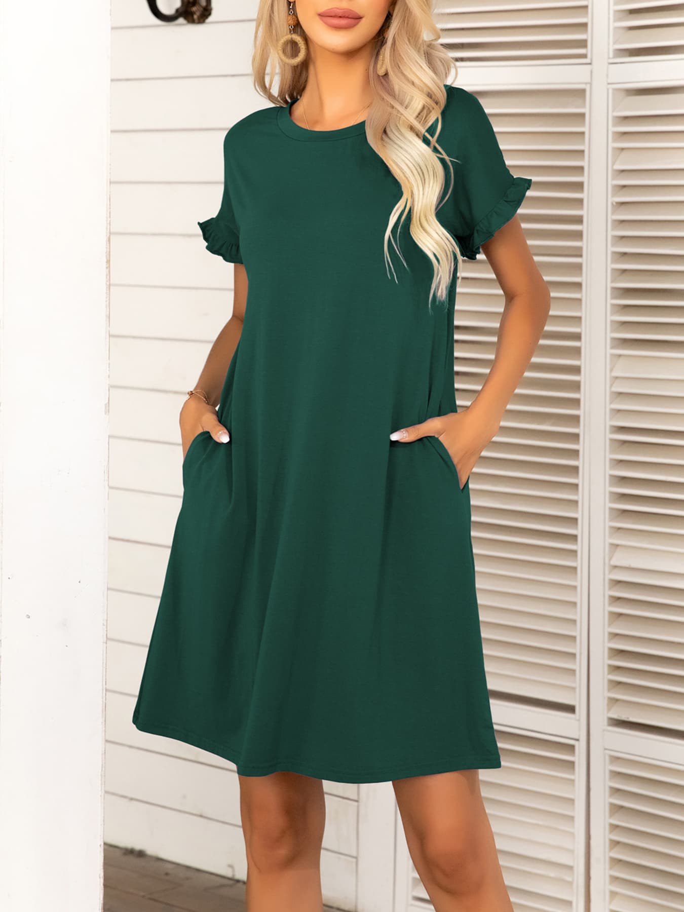 Round Neck Flounce Sleeve Dress with Pockets-Angel Casuals