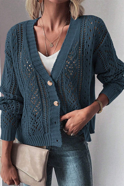 Openwork Button Up Long Sleeve Cardigan-Angel Casuals