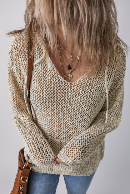 Openwork Dropped Shoulder Hooded Knit Top-Angel Casuals