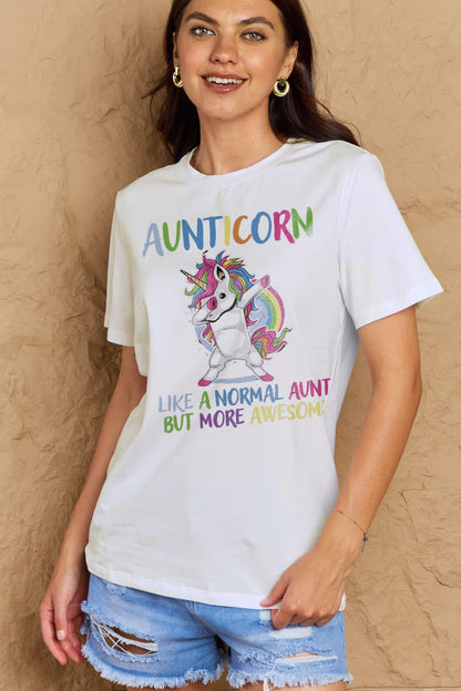 Simply Love Full Size AUNTICORN LIKE A NORMAL AUNT BUT MORE AWESOME Graphic Cotton Tee-Angel Casuals