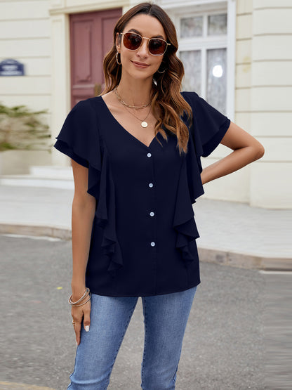 Ruffled V-Neck Short Sleeve Top-Angel Casuals