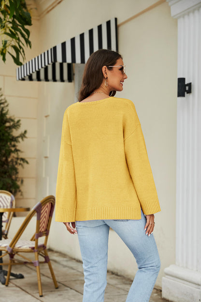 Drop Shoulder V-Neck Knit Pullover-Angel Casuals