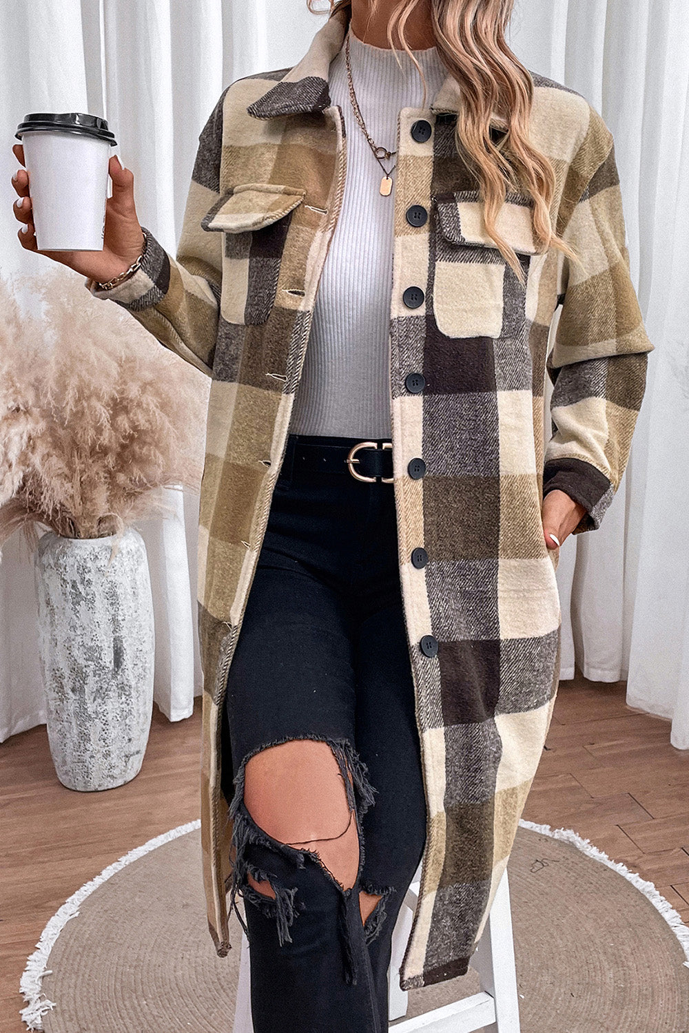 Plaid Button Down Longline Coat-Angel Casuals