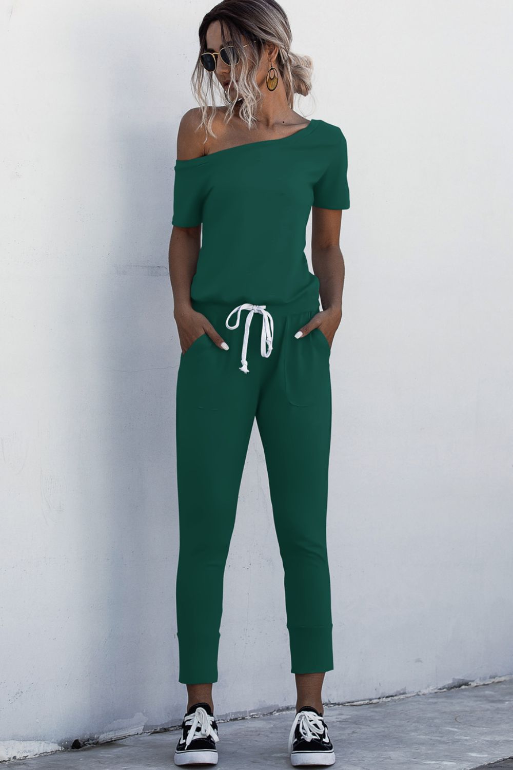 Asymmetrical Neck Tied Jumpsuit with Pockets-Angel Casuals