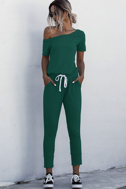 Asymmetrical Neck Tied Jumpsuit with Pockets-Angel Casuals