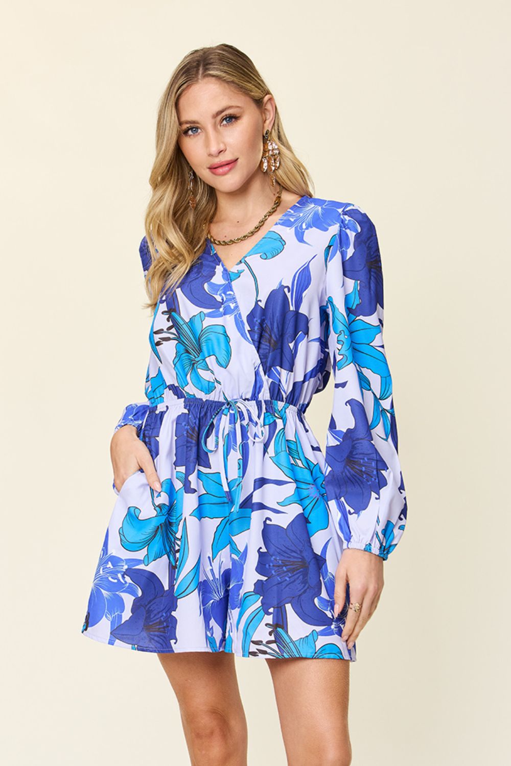 Double Take Full Size Floral Long Sleeve Romper with Pockets-Angel Casuals