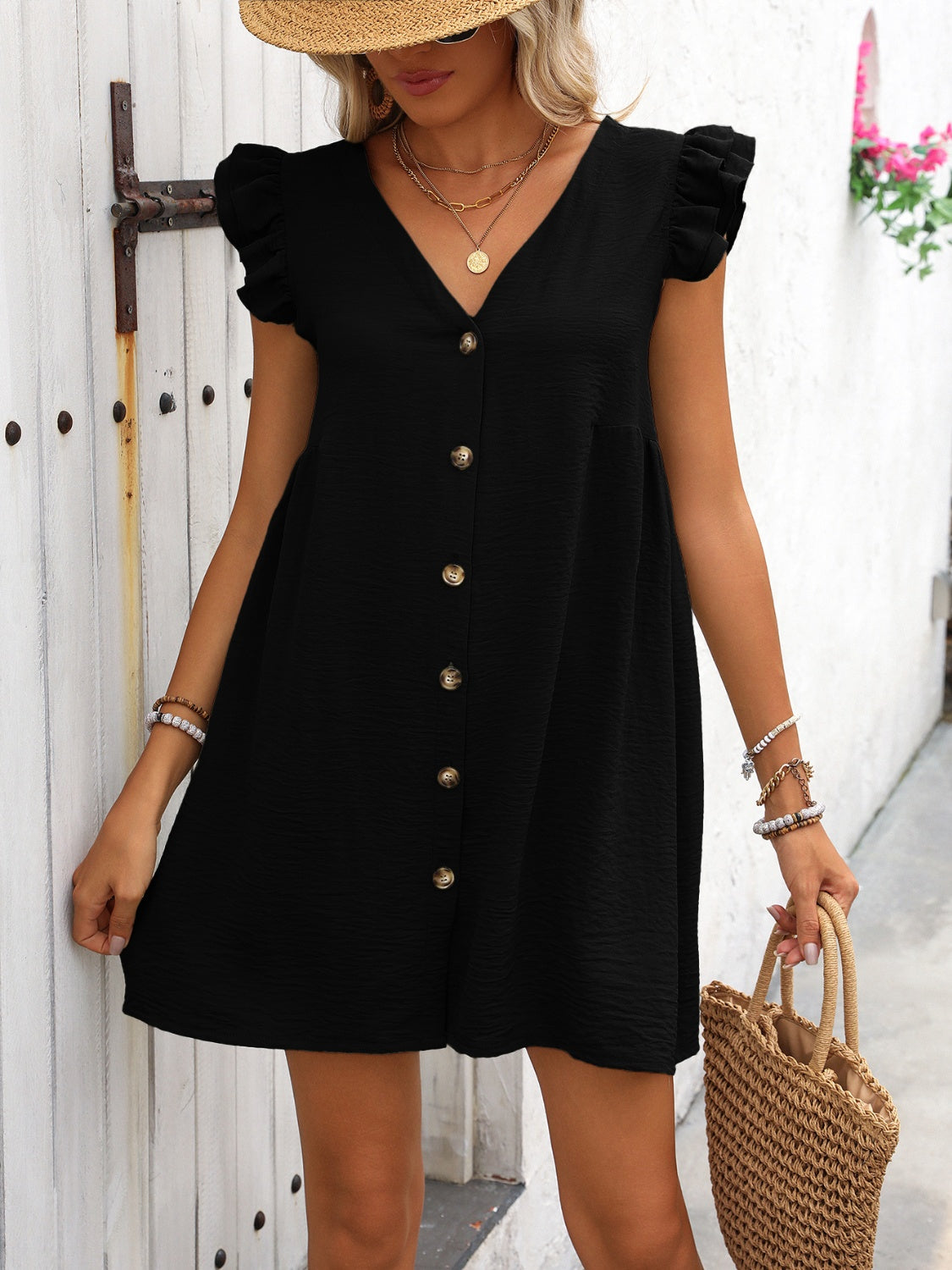 Button Up V-Neck Cap Sleeve Mini Dress-Angel Casuals