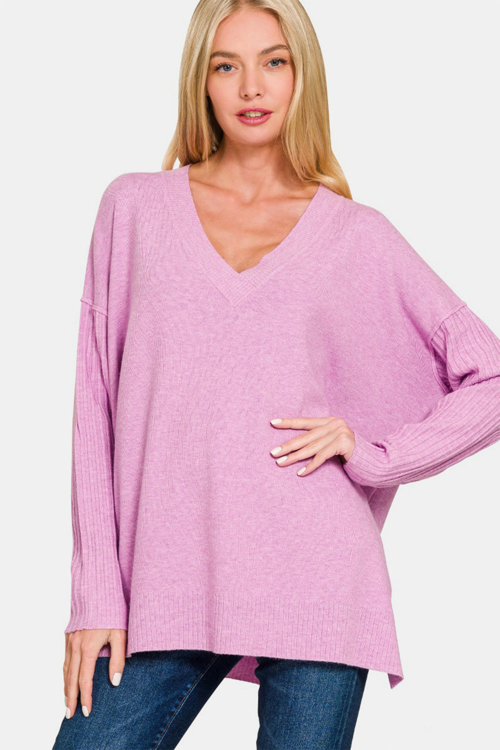 Zenana V-Neck Side Slit High-Low Sweater-Angel Casuals