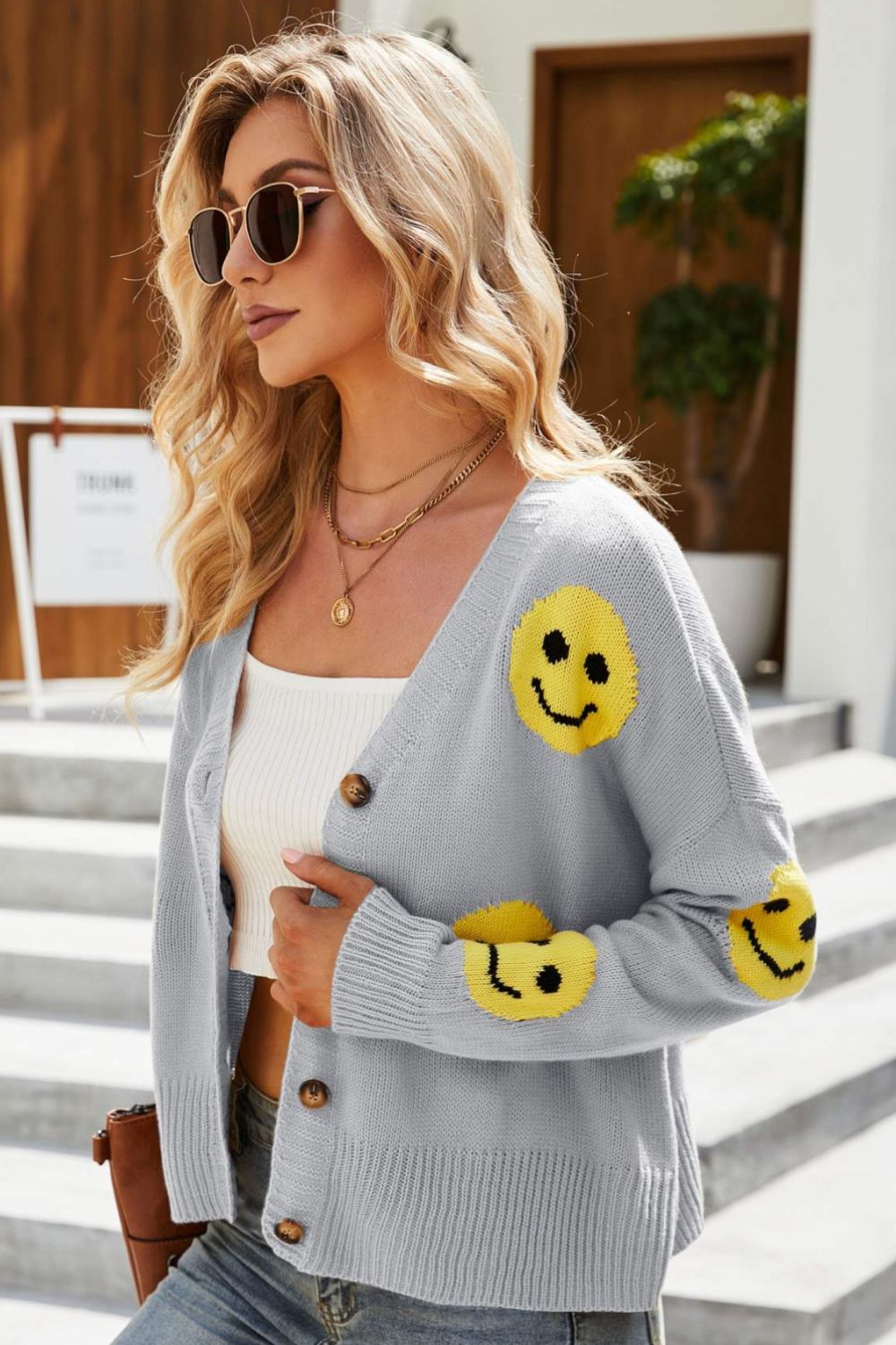 Smiley Face Ribbed Trim V-Neck Cardigan-Angel Casuals