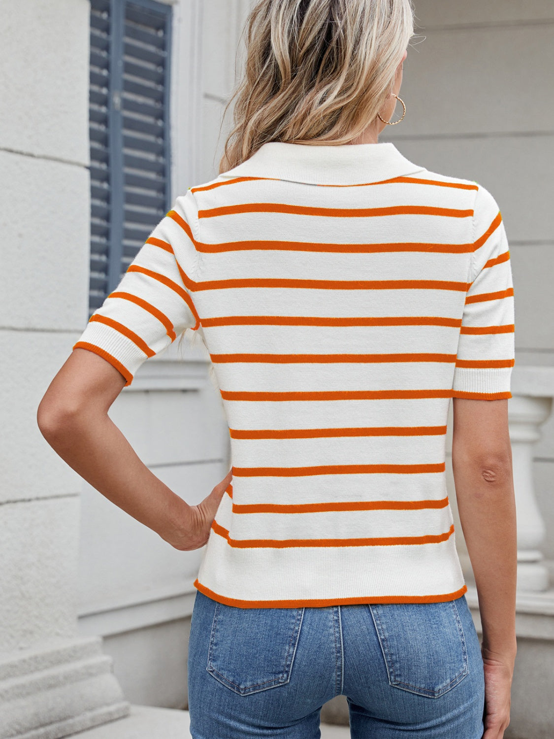 Striped Johnny Collar Short Sleeve Sweater-Angel Casuals