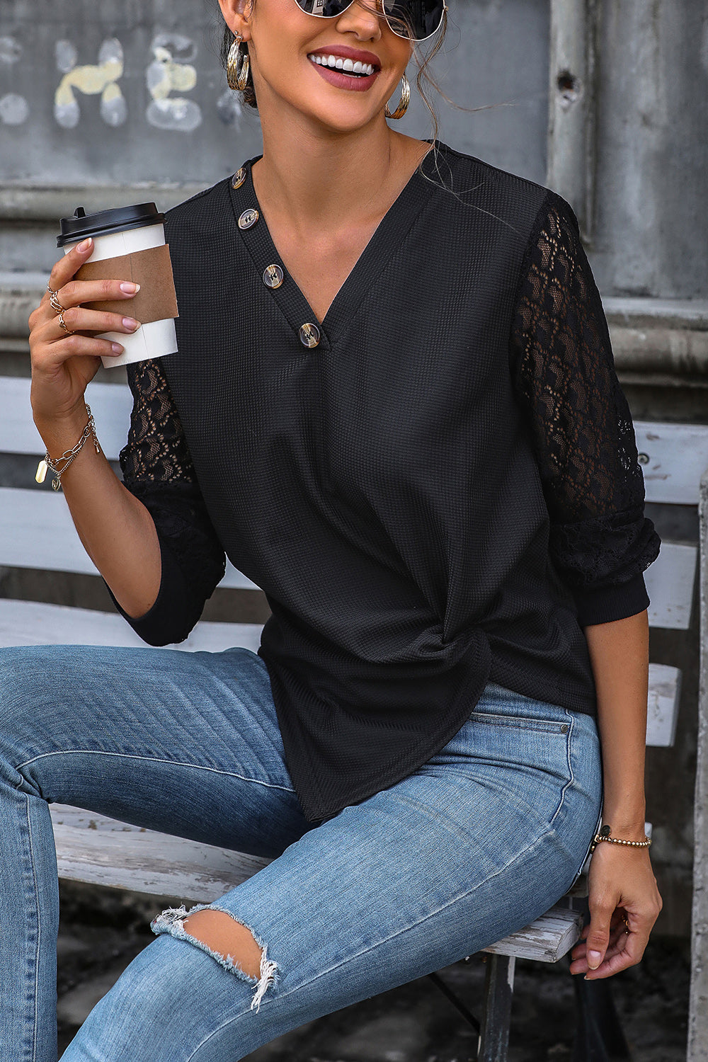 Twisted Decorative Button Long Sleeve T-Shirt-Angel Casuals