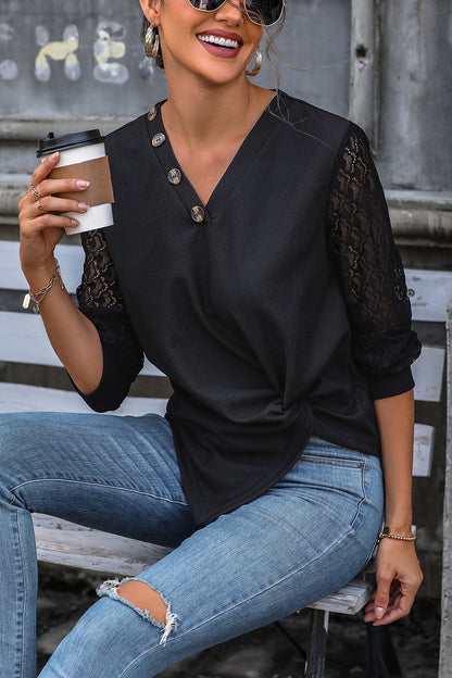 Twisted Decorative Button Long Sleeve T-Shirt-Angel Casuals