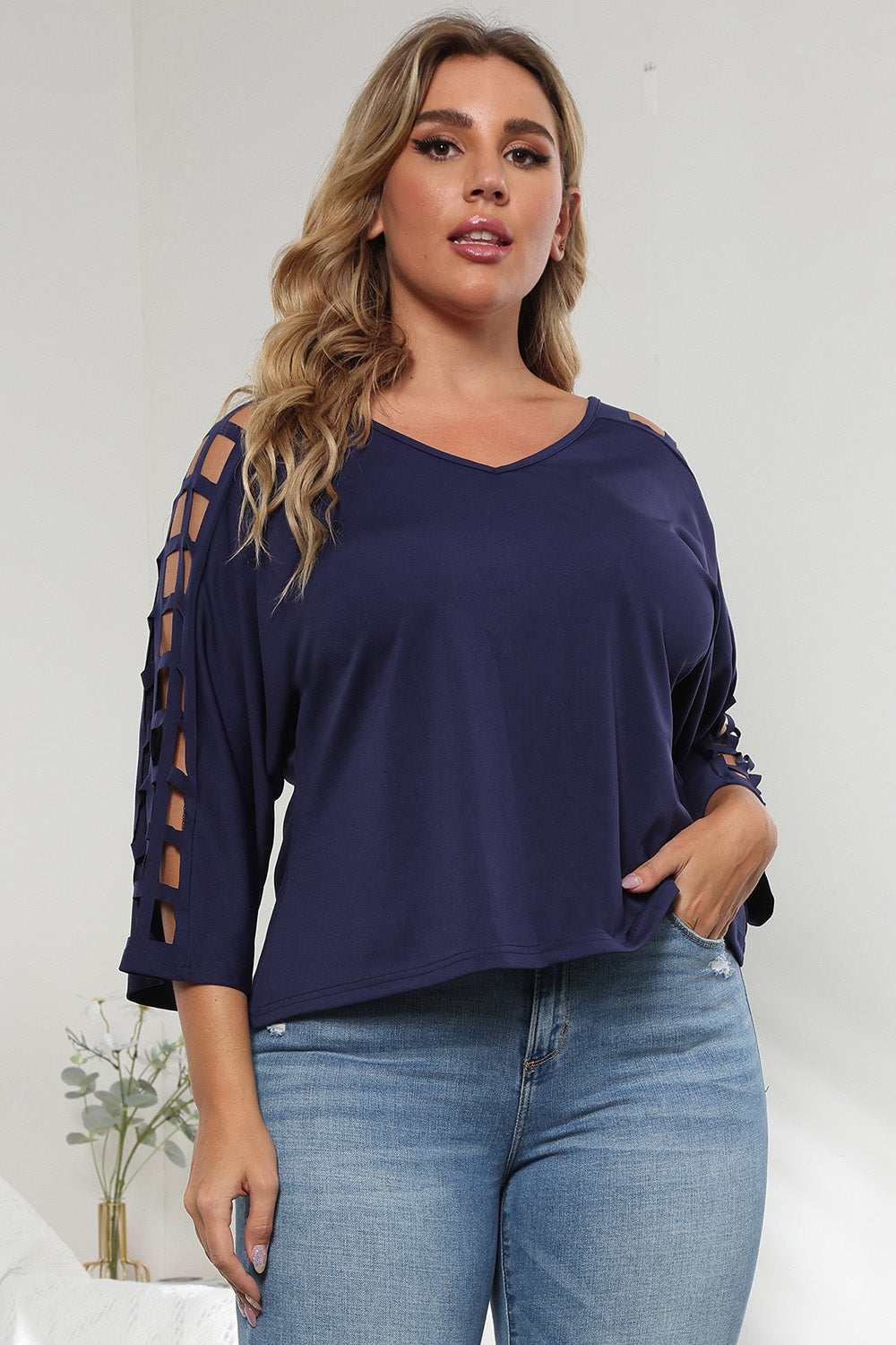 3/4 Sleeve Cutout Detail Top-Angel Casuals