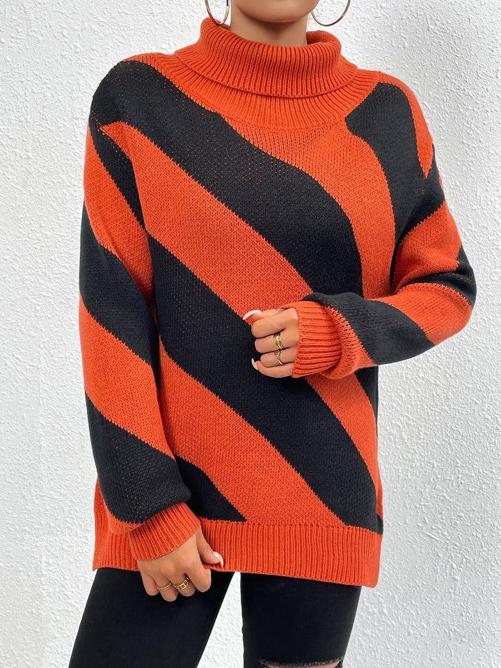 Striped Turtleneck Dropped Shoulder Sweater-Angel Casuals