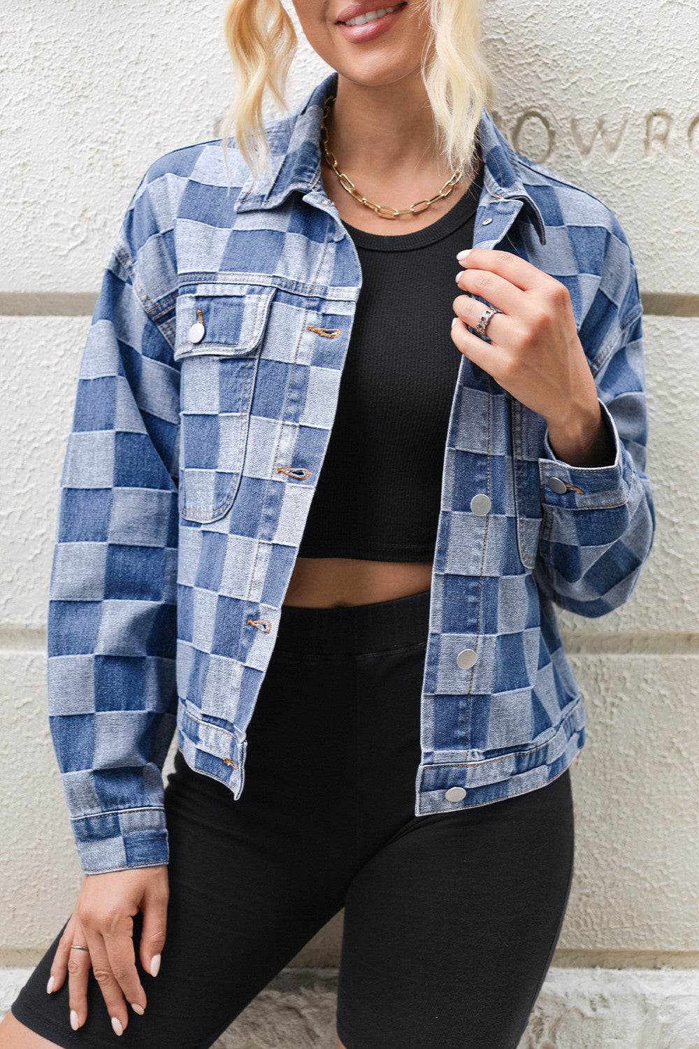 Checkered Button Up Long Sleeve Denim Jacket-Angel Casuals